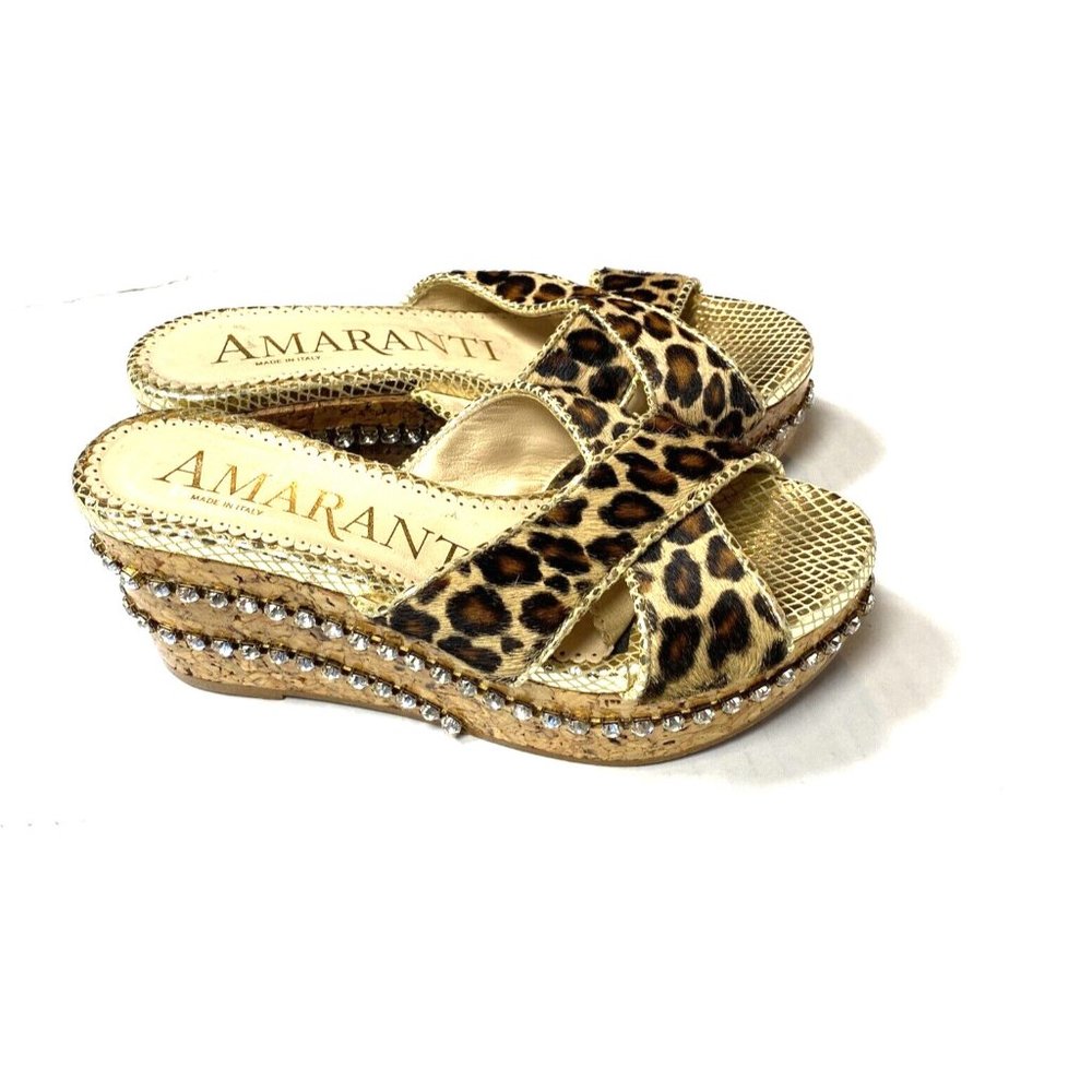 Amaranti Hair Calf Sandals Cork Platform Slides Rhinestones 36 6 Leopard Italy